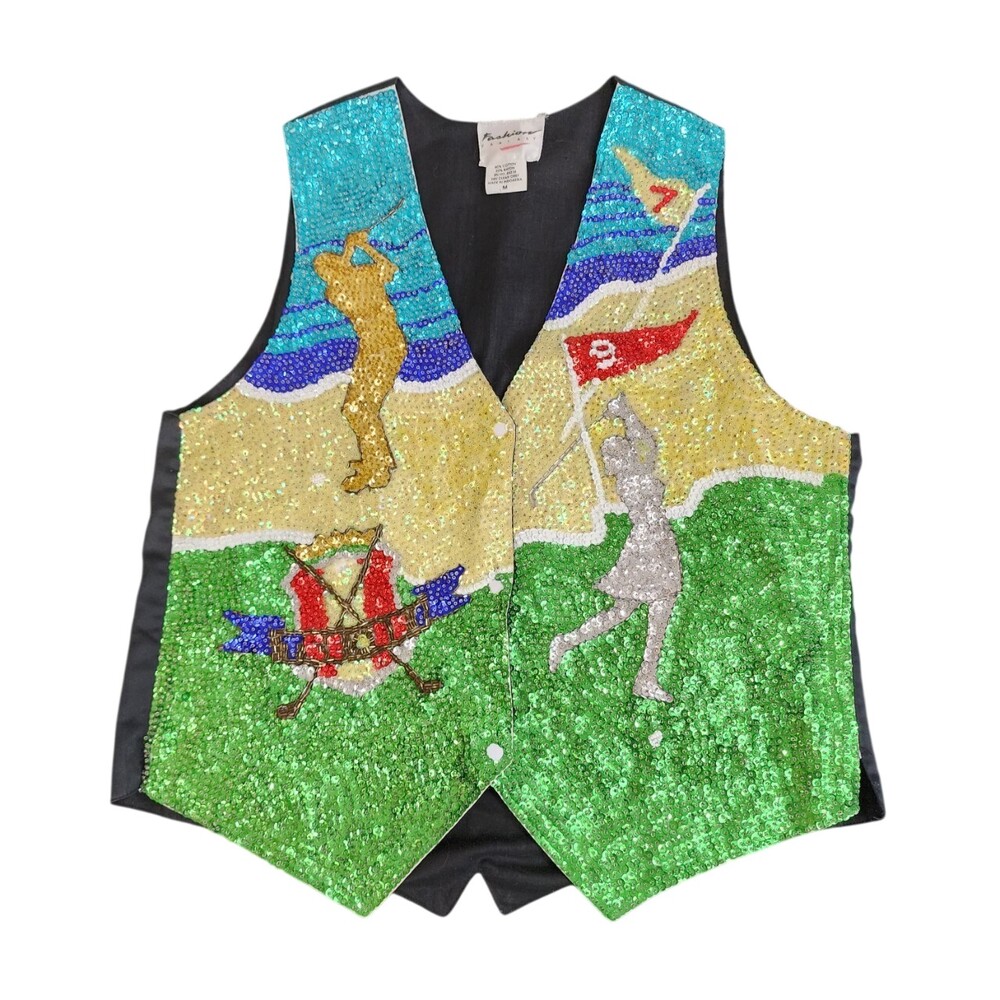 Vintage Rare Fashion Fantasy Sequin Golf Theme Vest Waistcoat Medium 1980s #1717